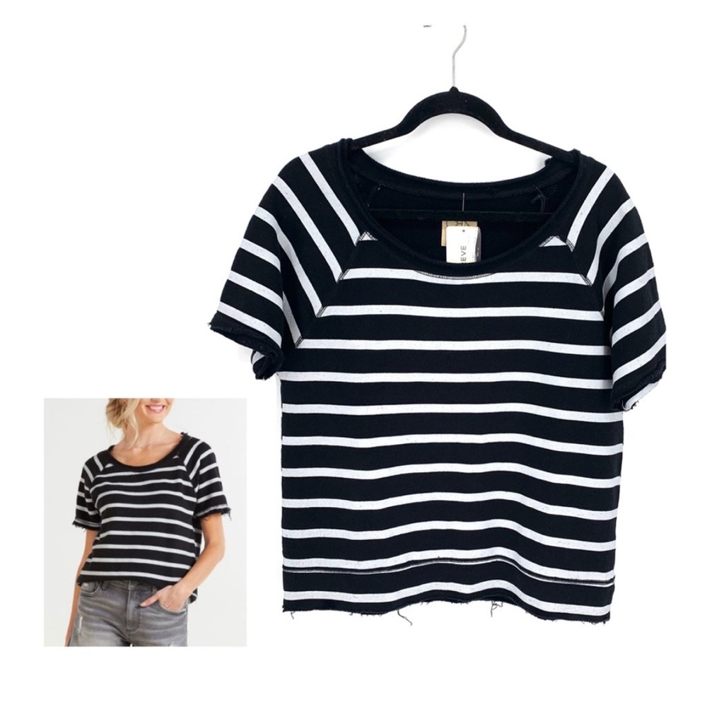 Evereve Black and White Striped Short Sleeve Top